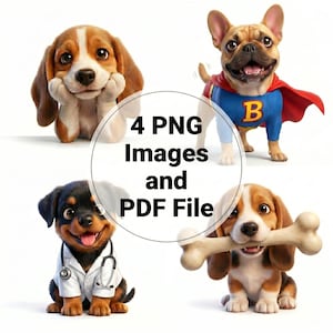May include: Four adorable cartoon dog images, including a beagle, a French bulldog in a superhero costume, a Rottweiler doctor, and a beagle with a bone. The text "4 PNG Images and PDF File" is in a circle.