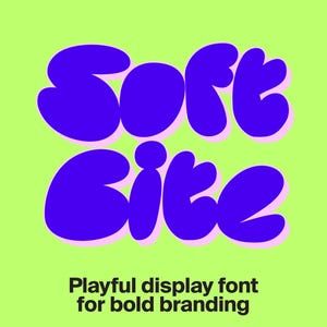 May include: A graphic design featuring the words "Soft Bite" in a bold, rounded font. The letters are a vibrant blue with a light pink outline, set against a bright green background. The text below reads "Playful display font for bold branding."
