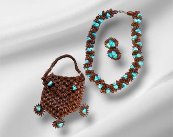 Vintage Hawaiian Koa Seed and Shell Necklace, Earrings, Folk Art Purse Set
