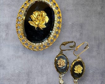 Vintage Black Glass Rose Cameo Brooch and Clip Earring Set signed Celebrity