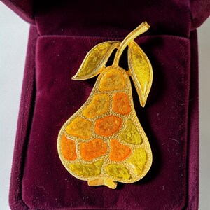 Vintage Enamel Pear Brooch Mosaic Patchwork Fruit Pin Stained Glass Look signed LG Lind Gal