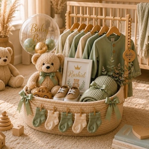Puede incluir: Una cesta tejida redonda que contiene un oso de peluche beige, ropa de bebé en perchas de madera, un letrero enmarcado con el nombre Rashid, un par de zapatos beige, una manta de punto verde y calcetines pequeños sujetos al borde. Un globo transparente con el texto Baby Boy está unido.