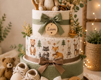 Pastel de pañales personalizado para niño, regalo para baby shower con temática de bosque, cesta de regalo para recién nacido, pastel de pañales con animales del bosque, recuerdo