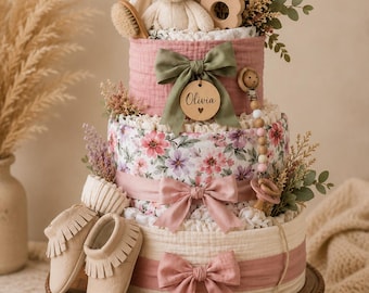 Personalized Baby Girl Diaper Cake Gift, Boho Floral Baby Shower Gift, Newborn Gift Basket, Pink Baby Set, Personalized Nursery Keepsake