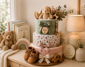 Personalized Baby Girl Diaper Cake Gift Basket, Baby Shower Gift for Girl, Newborn Gift Set, Floral Diaper Cake, Custom Baby Gift, Nursery K