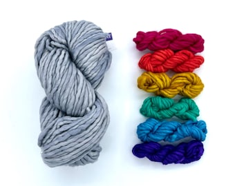 Rainbow Swirl Hat Kit- Merino wool yarn and knitting pattern, Malabrigo Rasta Yarn, cape cod gray colored Base