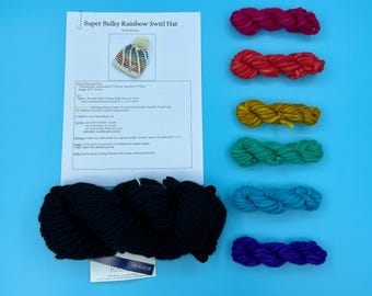 Rainbow Swirl Hat Knitting Kit - Malabrigo Rasta Yarn Kit - Super Bulky Beanie Pattern & Yarn - Black Base