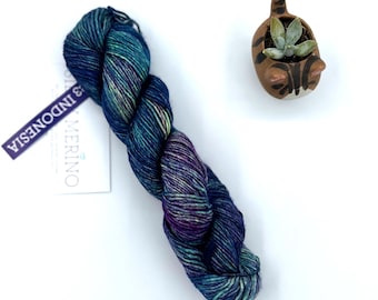Malabrigo Silky Merino, Dk weight yarn, indonesia, Purple, blue, green, yellow merino silk blend