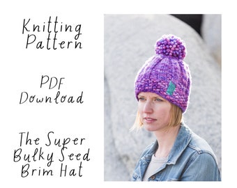 Hat Knitting Pattern, Super Chunky Seed Brim Knitting Pattern,  Malabrigo Rasta Hat Pattern, Pom Pom Hat Pattern, PDF Download