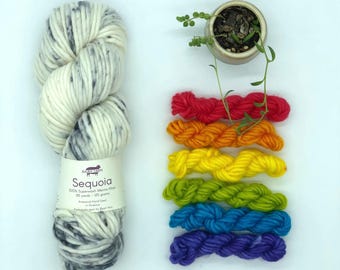 Rainbow Swirl Hat Kit- Merino wool yarn, knitting pattern and Pom Pom maker, Baah Yarn Sequoia, White and Black Base