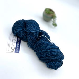 May include: A skein of deep blue yarn with a label that reads "AZUL PROFUNDO" and "LOS CABOS".