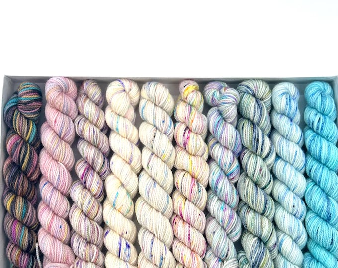 Koigu KPPPM pencil box, Berry Crush, fingering weight yarn