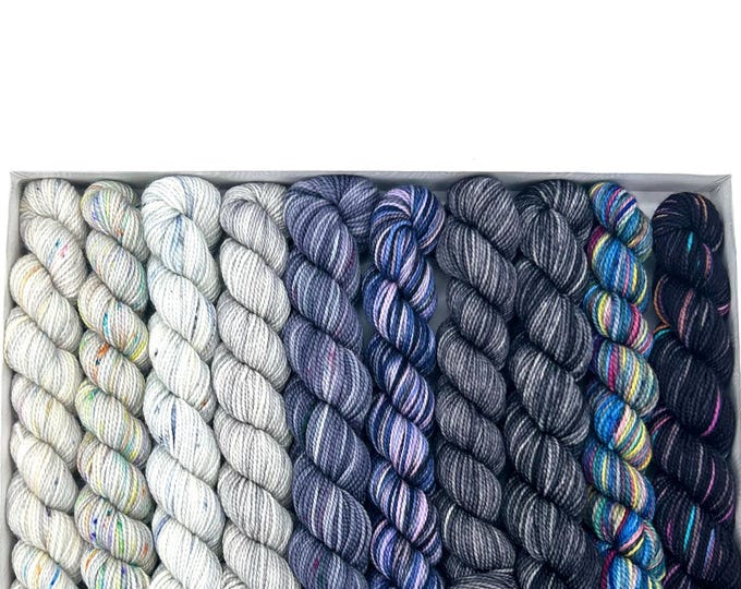 Koigu KPPM pencil box, Shado, fingering weight yarn