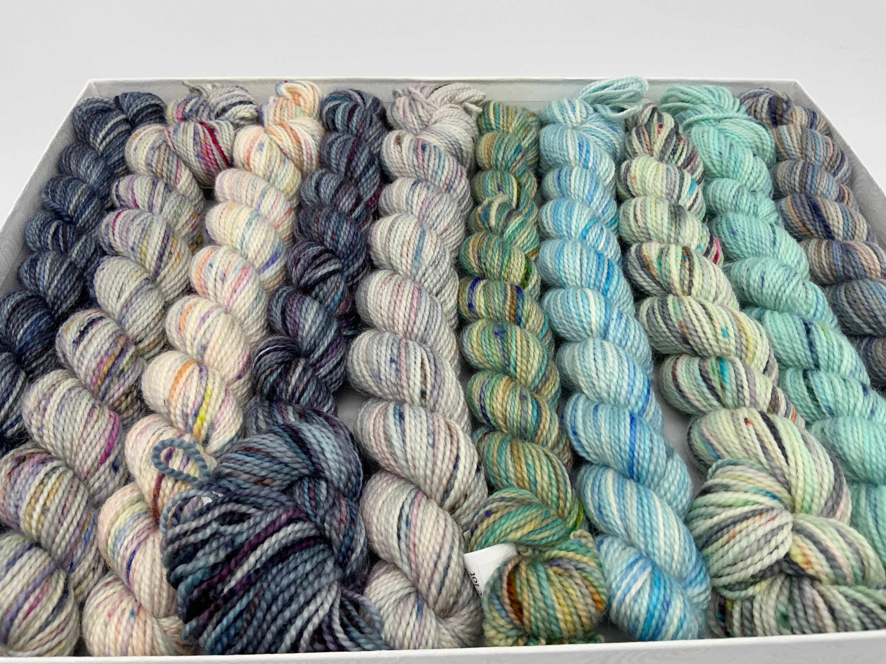 Koigu KPPM pencil box, Winter Storm, fingering weight yarn