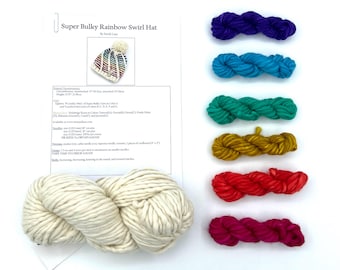 Rainbow Swirl Hat Knitting Kit - Malabrigo Rasta Yarn Kit - Super Bulky Beanie Pattern & Yarn - Natural Base