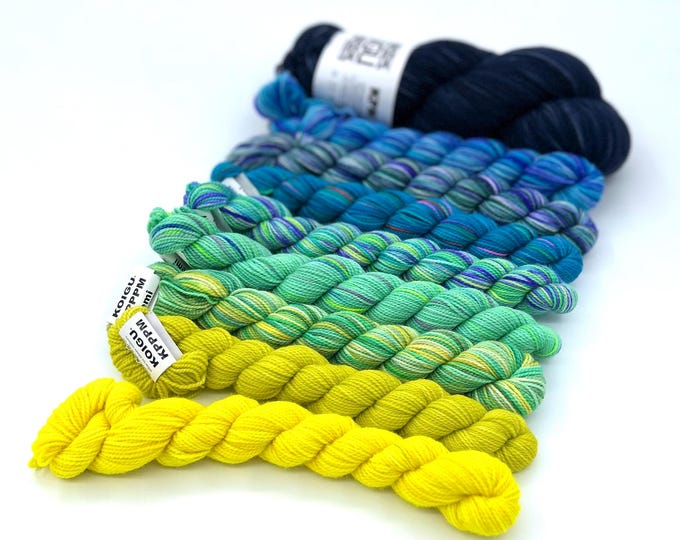 Neon sunshine wrap kit, Ambah O’Brien Solstice KAL 2025, small wrap, oceansky colorway, fingering weight yarn, 100% Merino Wool