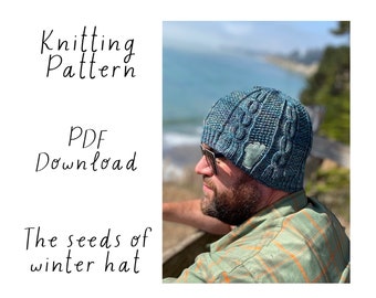 Hat Knitting Pattern, The Seeds of Winter Hat, cable and seed stitch hat, worsted weight knitting pattern, PDF download