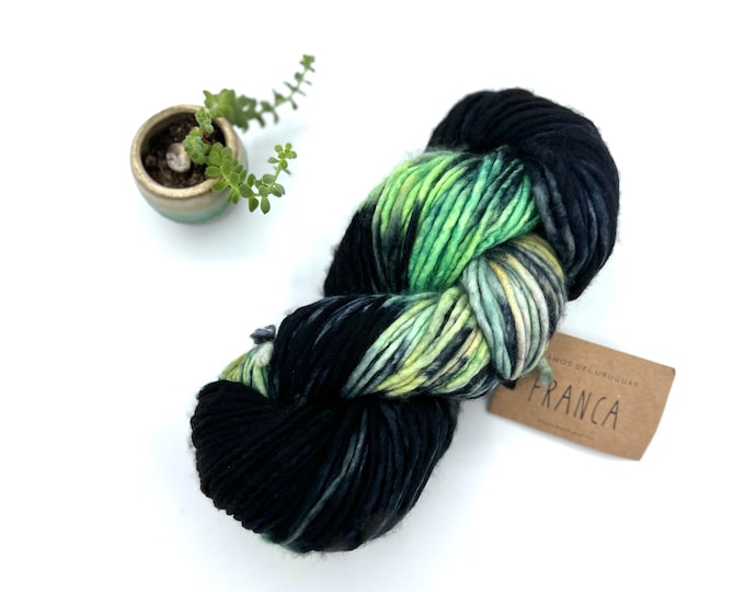 Franca Yarn by Manos del Uruguay, Light Super Bulky, 100% Superwash Merino Wool, Maléfica, Black, pink, green, yellow, Merino Yarn
