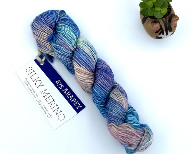 Malabrigo Silky Merino, Dk weight yarn, arapey , Purple, pink, blue, yellow merino silk blend