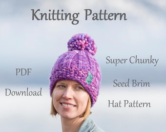 Hat Knitting Pattern, Super Chunky Seed Brim Knitting Pattern,  Malabrigo Rasta Hat Pattern, Pom Pom Hat Pattern