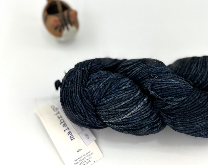 Malabrigo Rios Yarn + Hat Knitting Pattern, Worsted weight, 100% Merino Wool, dark “denim” blue, No dye lot