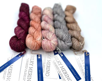 Malabrigo silky merino set , dk weight yarn, 5 skeins,  150 yards per skein