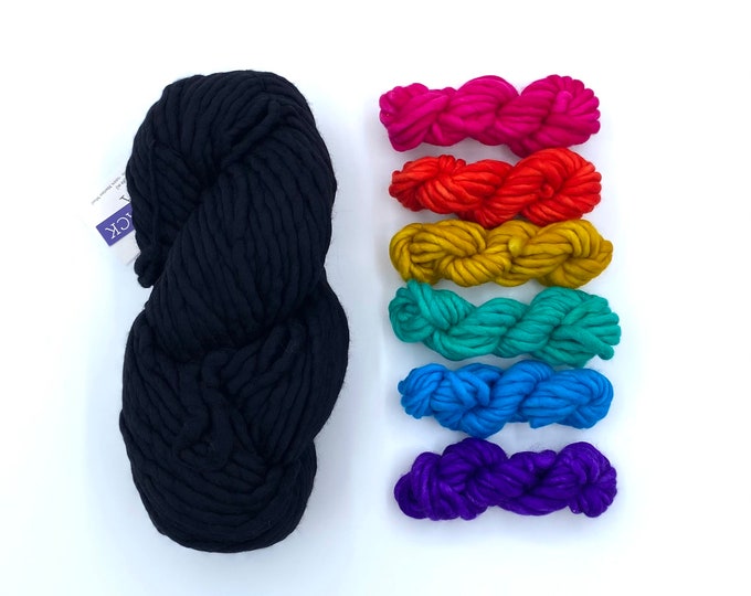 Rainbow Swirl Hat Knitting Kit - Malabrigo Rasta Yarn Kit - Super Bulky Beanie Pattern & Yarn - Black Base