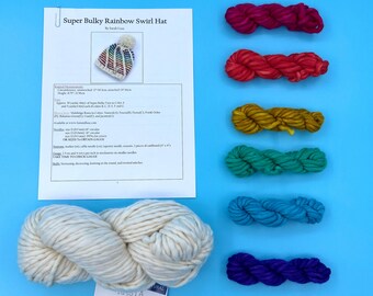 Rainbow Swirl Hat Knitting Kit - Malabrigo Rasta Yarn Kit - Super Bulky Beanie Pattern & Yarn - Natural Base