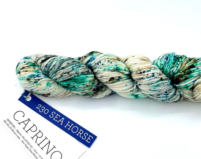 Malabrigo Caprino Yarn, Merino Cashmere Sport DK, Hand Dyed White Green Blue, 50g 164 yds