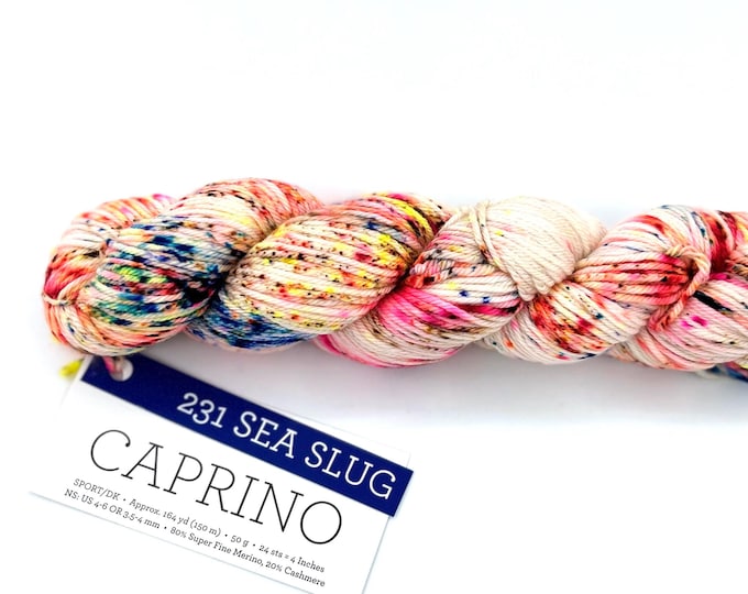 Malabrigo Caprino Yarn, Merino Cashmere Sport DK, Hand Dyed Cream pink orange yellow blue, 50g 164 yds