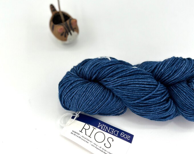 Malabrigo Rios Yarn + Hat Knitting Pattern, Worsted, 100% Merino Wool, dark blue, 209 denim