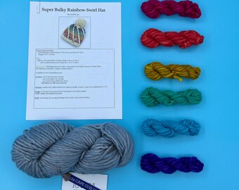 Rainbow Swirl Hat Knitting Kit - Malabrigo Rasta Yarn Kit - Super Bulky Beanie Pattern & Yarn -Gray Base