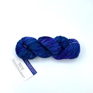 May include: A skein of blue yarn with a mix of dark and light shades. The yarn is labeled "RIOS" and "SINGLE LOT" on a white tag. The yarn is made of Superwash Merino Wool.
