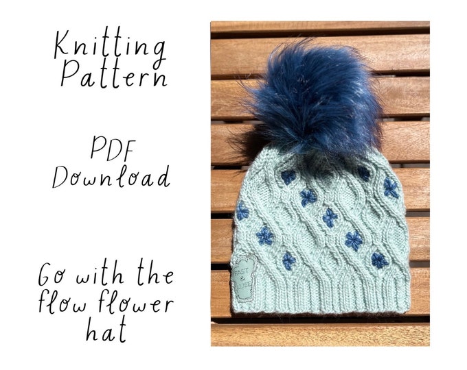 Hat Knitting Pattern, Cable hat with flowers, Worsted yarn knitting pattern, Flower Hat Pattern, go with the flow worsted hat