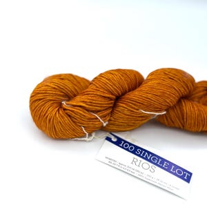 May include: A skein of burnt orange worsted weight yarn with a white paper tag reading 100 SINGLE LOT RIOS, noting 210 yards, 100 grams, 18-22 stitches, US 7-9 needles, and 100% superwash merino wool. The yarn is twisted into a thick, textured coil.