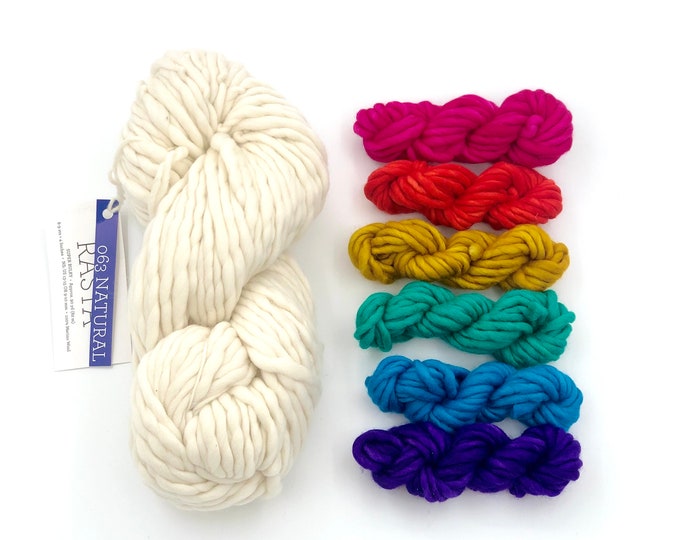Rainbow Swirl Hat Kit- Merino wool yarn, knitting pattern and Pom Pom maker, Malabrigo Rasta Yarn, White Base