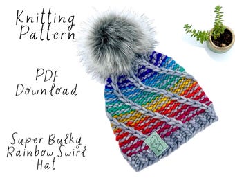 Hat Knitting Pattern, Super Bulky Rainbow Swirl Hat Pattern, Malabrigo Rasta Hat Pattern, Rainbow Knitting Pattern, PDF Download