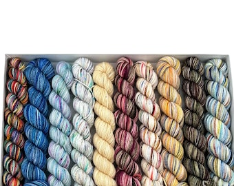 Koigu KPPM pencil box, Log Cabin, fingering weight yarn