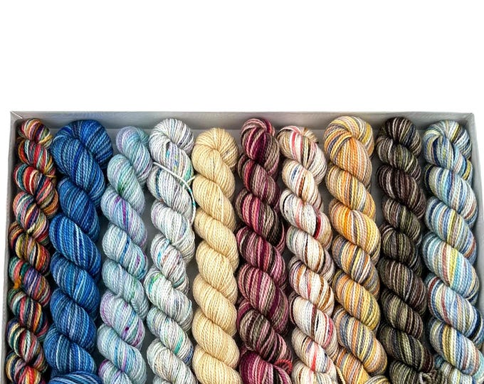 Koigu KPPM pencil box, Log Cabin, fingering weight yarn