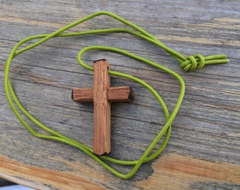 Rustic Handcarved Wood Cross, Wooden Crucifix, Christian Necklace, Genuine Leather, Woodcarving Pendant, Mens Jewelry, Unisex Jewellery