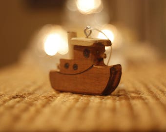 3 Wooden Tugboat Christmas Tree Ornament Decor Decoration Folk Art Carving Toy Raw Rustic Natural DIY Paint Your Own Wood Blanks Boat