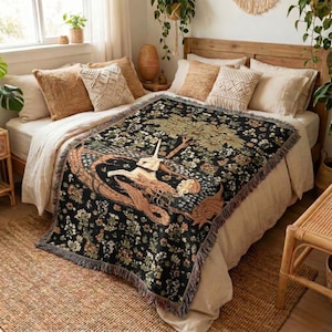 Medieval Unicorn Jacquard Tapestry, Gothic Cotton Throw, Millefleurs Wall Hanging