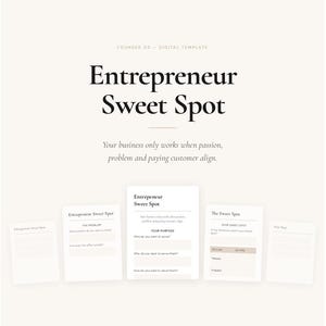 May include: A digital template titled Entrepreneur Sweet Spot featuring six pages for business planning. The document includes sections for identifying problems, purpose, and sweet spots, with text indicating it is a 6-page Canva template.