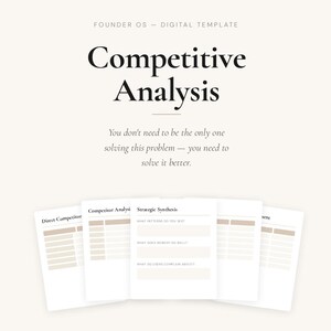 May include: A digital template titled Founder OS Competitive Analysis featuring a series of white pages with beige accents. The text includes headings like Direct Competitor, Competitor Analysis, and Strategic Synthesis, along with 10 pages, Canva template, PDF included, and print or fill digitally.