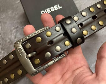 Vintage Diesel Studded Genuine Leather Belt, Brown Heavy Duty Rivet Belt with Box, Y2K Grunge Cyberpunk Rockstar Aesthetic, Moto Unisex