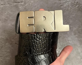 Authentic ERL Logo Plaque Buckle Belt, Black Croc-Embossed Italian Cow Leather Belt, Rare Luxury California Techwear Archive Streetwear