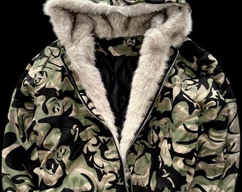 Blouson aviateur vintage camouflage à capuche doublé de fausse fourrure, style opium y2k