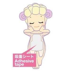 May include: A cartoon illustration of a sheep-like character with closed eyes and a gentle smile. The character is light beige with yellow hair and purple accents. A pink speech bubble indicates "Adhesive tape" in English and Japanese.