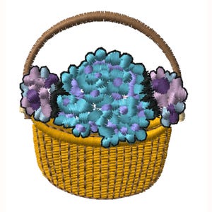 May include: Embroidered image of a yellow basket filled with blue and purple flowers. The basket has a brown handle and is set against a white background. The flowers have a detailed, textured appearance, suggesting an embroidery or applique design.