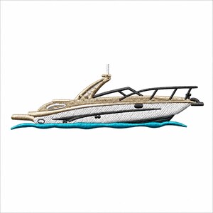 May include: An embroidered patch featuring a side profile of a motorboat with a white hull, tan upper deck, and black railings. The boat is positioned above a stylised wave in shades of blue and teal, rendered with detailed stitching throughout.